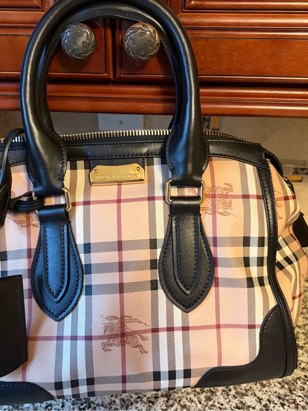 Burberry Black-Trim Beige Check Satchel